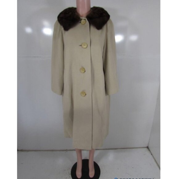 Vintage 100% Cashmere Coat Size Medium Mink Fur Collar MCM 60s 50s 3/4 Sleeves - Picture 1 of 13